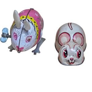 Vintage Wind-Up Jumping TIN Bunny & Friction Mouse Toy Hopping Easter Kids Old